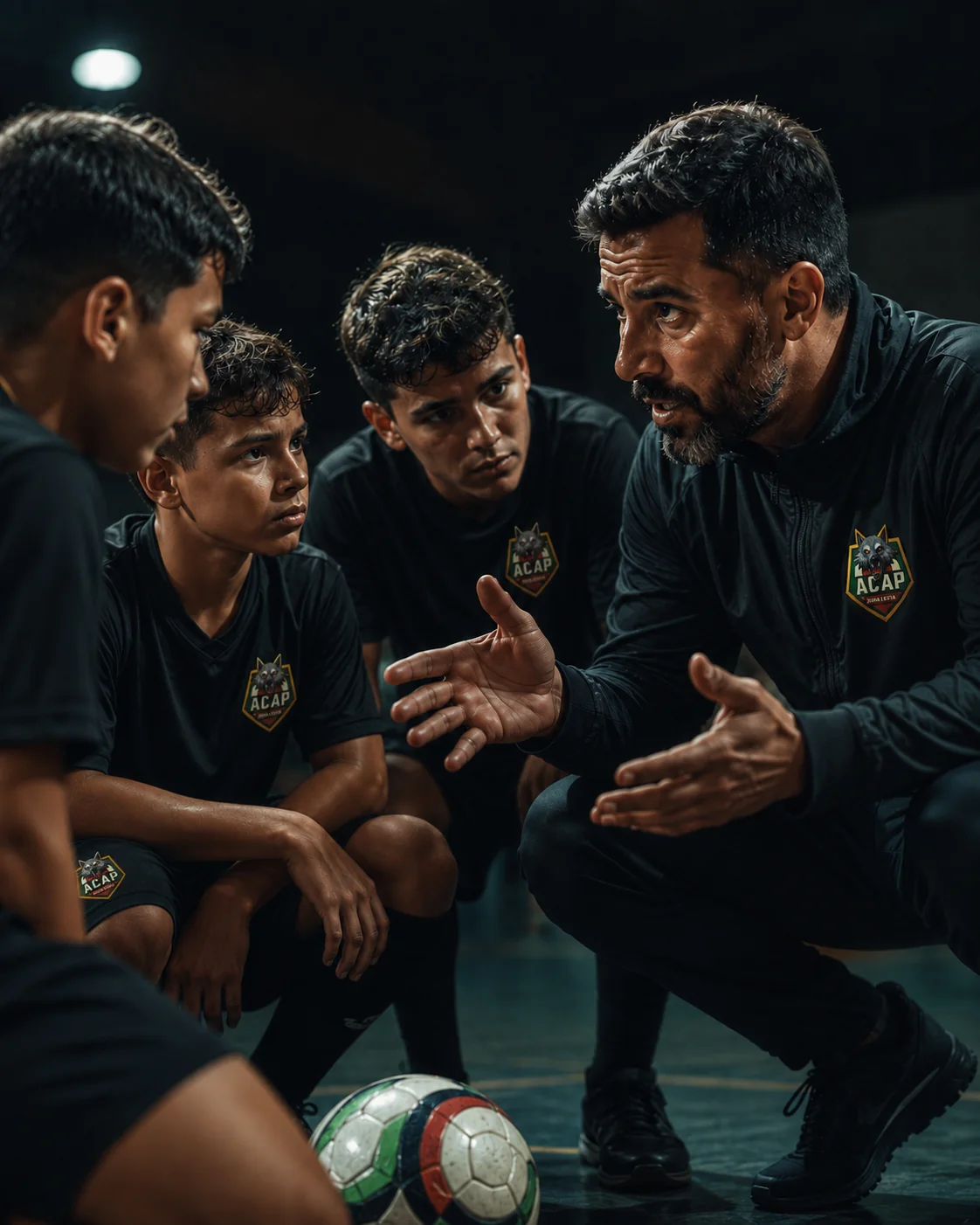 Técnico da ACAP Academy orientando de perto um grupo de jovens atletas antes do treino