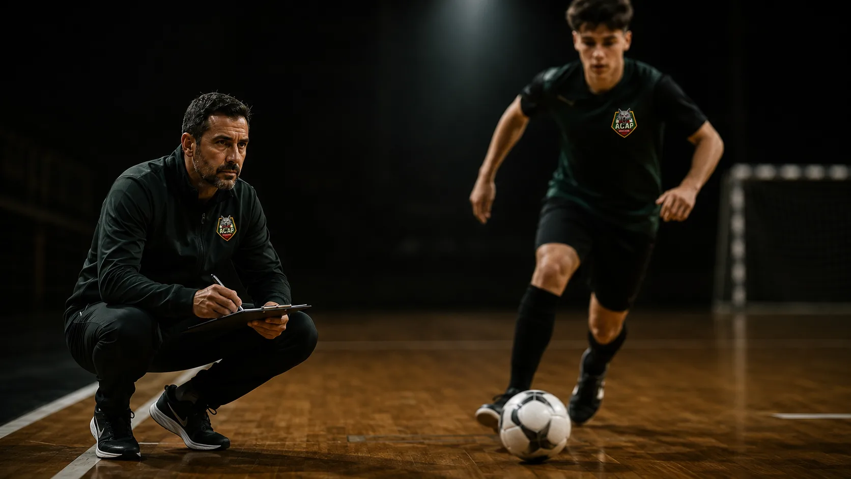 Técnico da ACAP avaliando de perto um jovem atleta em ação durante uma avaliação técnica