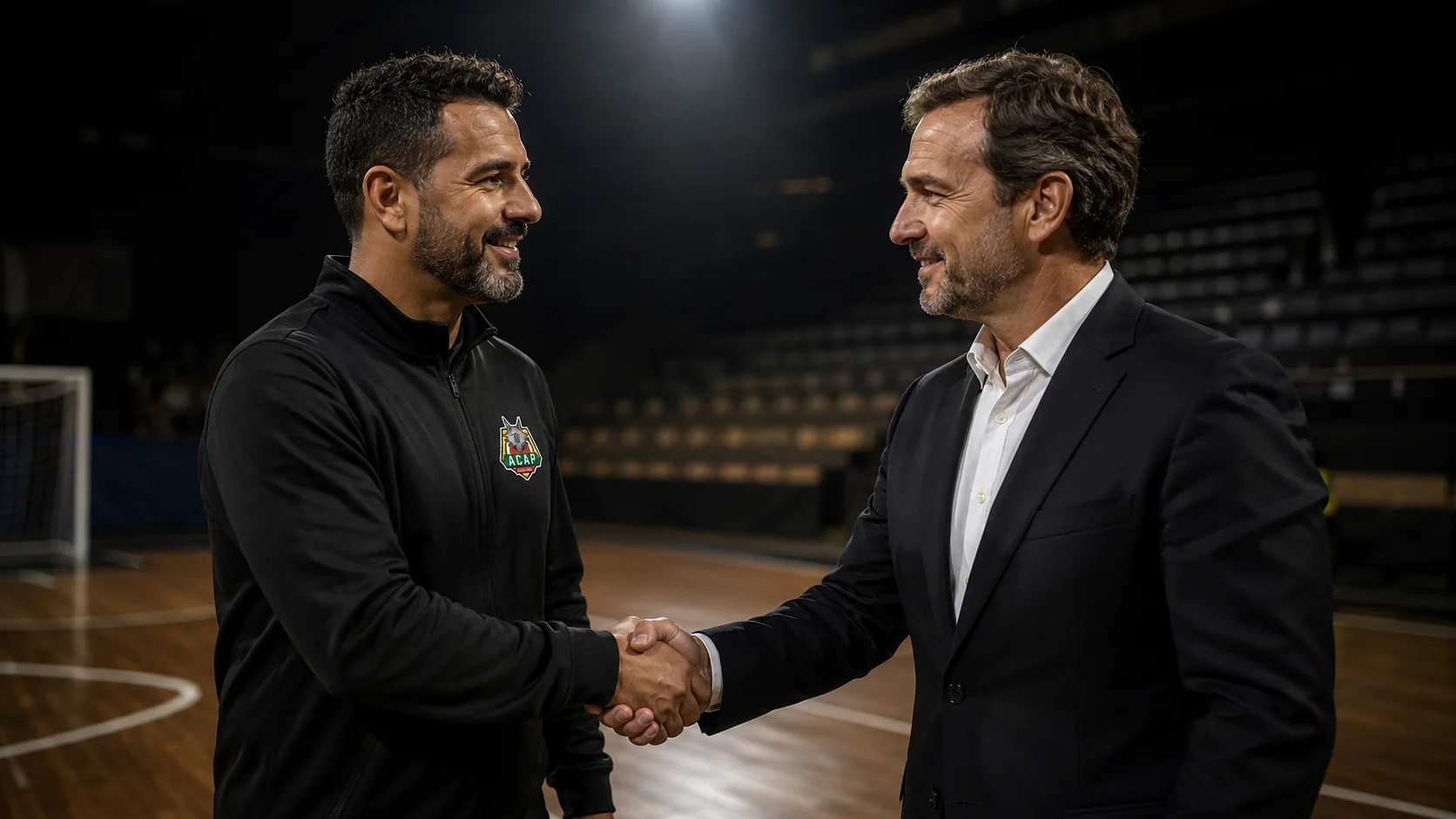 Representante da ACAP Futsal e empresário selando uma parceria dentro da quadra